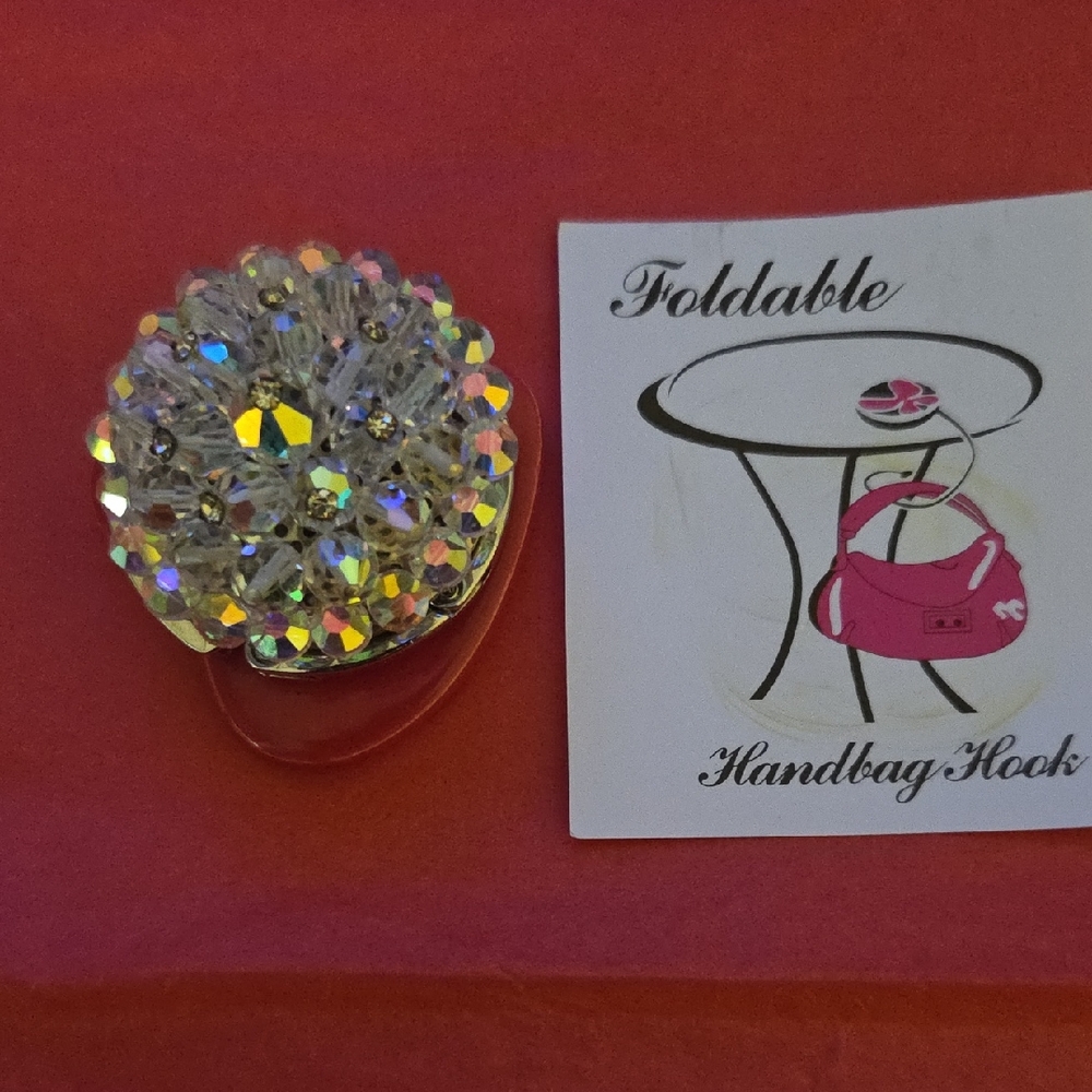 Handbag Hook Brooch with Clear Aurora Crystals